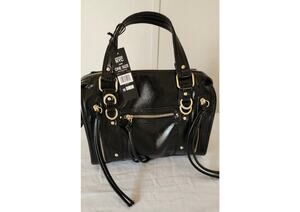 Madden‎ NYC Soft Zipper Satchel Handbag Black Shine Gold Hardware Tassel NWT
